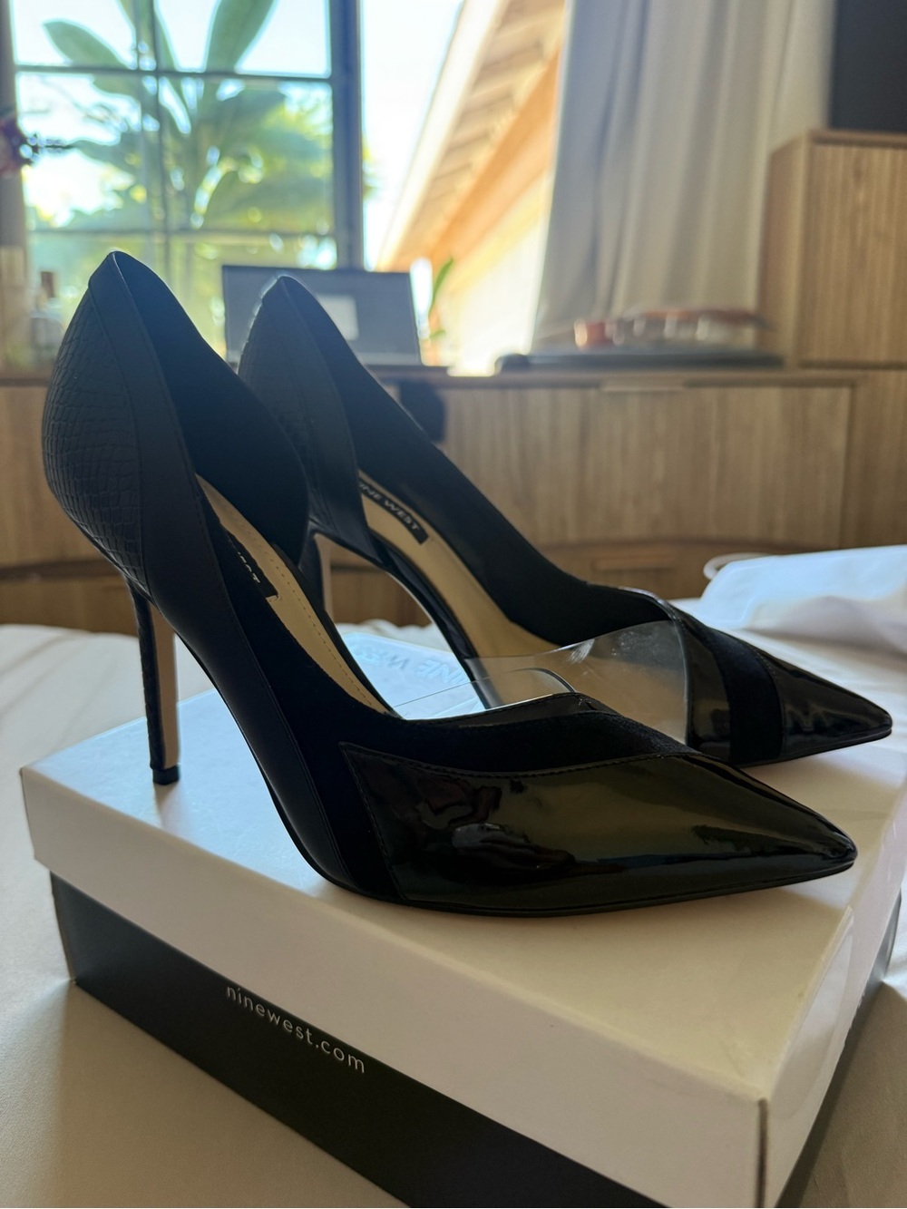Nine West Black Patent Pointed-Toe Stiletto Pumps with Clear Panels